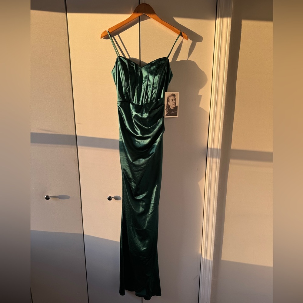 Emerald Green Satin Corset Maxi Dress with Side Slit – XS - Picture 11 of 13